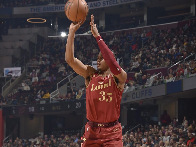 CLEVELAND, OH - MARCH 10: Isaac Okoro #35 of the Cleveland Cavaliers shoots the ball during the game against the Brooklyn Nets on March 10, 2024 at Rocket Mortgage FieldHouse in Cleveland, Ohio. NOTE TO USER: User expressly acknowledges and agrees that, by downloading and/or using this Photograph, user is consenting to the terms and conditions of the Getty Images License Agreement. Mandatory Copyright Notice: Copyright 2024 NBAE (Photo by David Liam Kyle/NBAE via Getty Images)