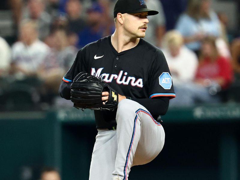 Sep 19, 2025; Arlington, Texas, USA;  Miami Marlins starting pitcher Janson Junk (26) throws during the first inning against the Texas Rangers at Globe Life Field. Mandatory Credit: Kevin Jairaj-Imagn Images