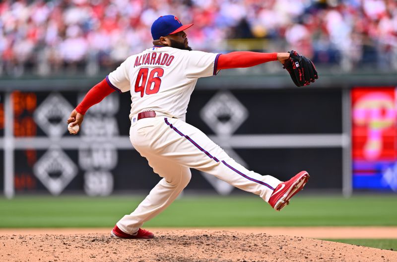 May 7, 2023; Philadelphia, Pennsylvania, USA; Philadelphia Phillies pitcher Jose Alvarado (46) throws a pitch against the Boston Red Sox in the seventh inning at Citizens Bank Park. Mandatory Credit: Kyle Ross-USA TODAY Sports