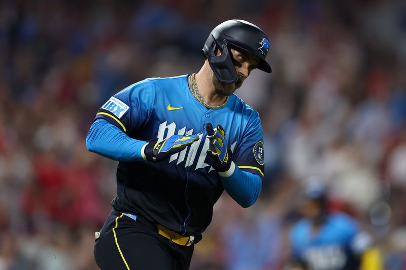 May 16, 2025; Philadelphia, Pennsylvania, USA; Philadelphia Phillies first base Bryce Harper (3) reacts after hitting his 1000 career RBI on a single during the fifth inning against the Pittsburgh Pirates at Citizens Bank Park. Mandatory Credit: Bill Streicher-Imagn Images