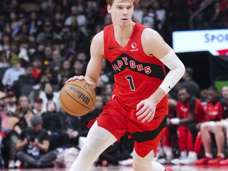 TORONTO, ON - JANUARY 1: Gradey Dick #1 of the Toronto Raptors dribbles against the Brooklyn Nets during the second half of their basketball game at the Scotiabank Arena on January 1, 2025 in Toronto, Ontario, Canada. NOTE TO USER: User expressly acknowledges and agrees that, by downloading and/or using this Photograph, user is consenting to the terms and conditions of the Getty Images License Agreement. (Photo by Mark Blinch/Getty Images)