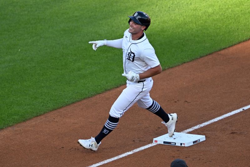 Jun 29, 2025; Detroit, Michigan, USA; Detroit Tigers right fielder Kerry Carpenter (30) celebrates after hitting a solo home run against the Minnesota Twins in the first inning at Comerica Park. Mandatory Credit: Lon Horwedel-Imagn Images