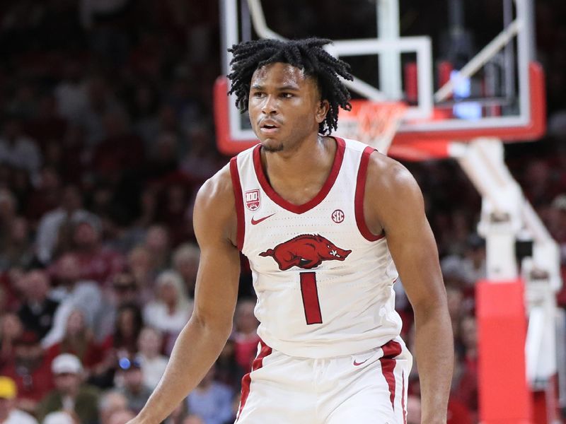 Dec 3, 2022; Fayetteville, Arkansas, USA; Arkansas Razorbacks guard Ricky Council IV (1) dribble sin the second half against the San Jose State Spartans at Bud Walton Arena. Arkansas won 99-58. Mandatory Credit: Nelson Chenault-USA TODAY Sports