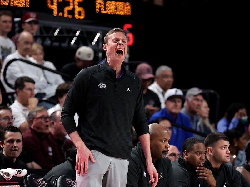 Jan 18, 2023; College Station, Texas, USA; Florida Gators head coach Todd Golden shouts to players against the Texas A&M Aggies during the first half at Reed Arena. Mandatory Credit: Erik Williams-USA TODAY Sports
