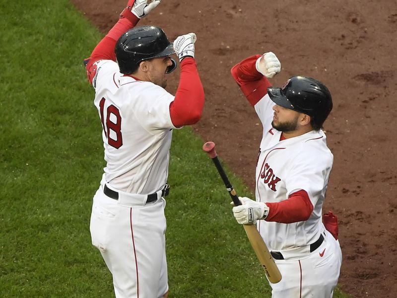 Sep 24, 2023; Boston, Massachusetts, USA;  Boston Red Sox right fielder Adam Duvall (18) reacts with left fielder Wilyer Abreu (52) after hitting a home run during the sixth inning against the Chicago White Sox at Fenway Park. Mandatory Credit: Bob DeChiara-USA TODAY Sports