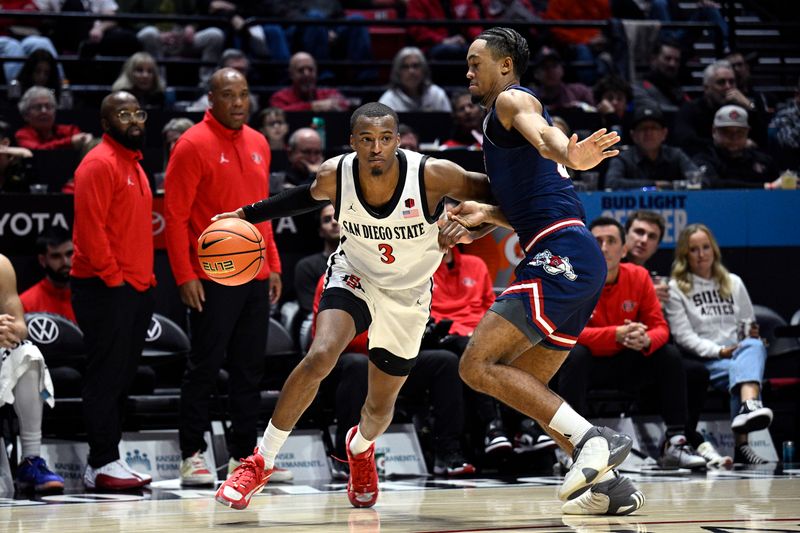 Jan 3, 2024; San Diego, California, USA; San Diego State Aztecs guard Micah Parrish (3) dribbles the ball while defended by Fresno State Bulldogs guard Xavier DuSell (53) during the second half at Viejas Arena. Mandatory Credit: Orlando Ramirez-USA TODAY Sports 