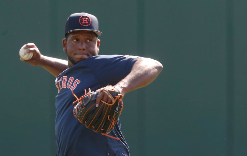 Apr 12, 2023; Pittsburgh, Pennsylvania, USA;  Houston Astros relief pitcher Ronel Blanco (56) throws in the outfield before the game against the Pittsburgh Pirates at PNC Park. Mandatory Credit: Charles LeClaire-USA TODAY Sports