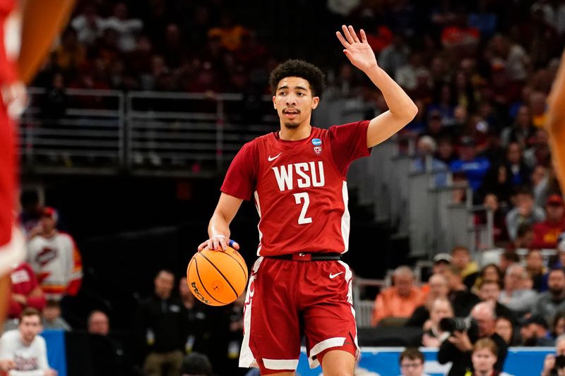 Mar 23, 2024; Omaha, NE, USA; Washington State Cougars guard Myles Rice (2) gestures in the first half against the Iowa State Cyclones in the second round of the 2024 NCAA Tournament at CHI Health Center Omaha. Mandatory Credit: Dylan Widger-USA TODAY Sports