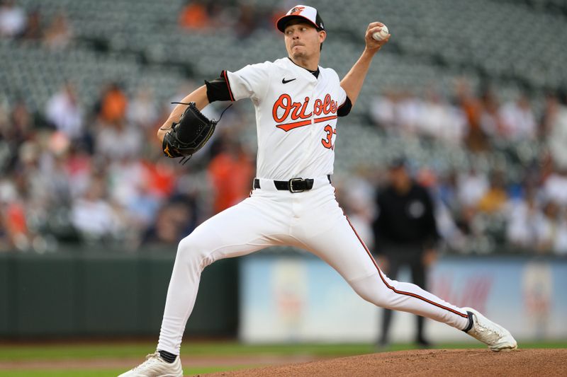 Apr 30, 2025; Baltimore, Maryland, USA; Baltimore Orioles pitcher Cade Povich (37) throws a pitch during the first inning against the New York Yankees at Oriole Park at Camden Yards. Mandatory Credit: Reggie Hildred-Imagn Images