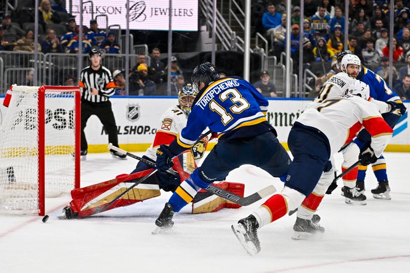 Jan 9, 2024; St. Louis, Missouri, USA;  St. Louis Blues right wing Alexey Toropchenko (13) shoots against Florida Panthers goaltender Anthony Stolarz (41) during the second period at Enterprise Center. Mandatory Credit: Jeff Curry-USA TODAY Sports