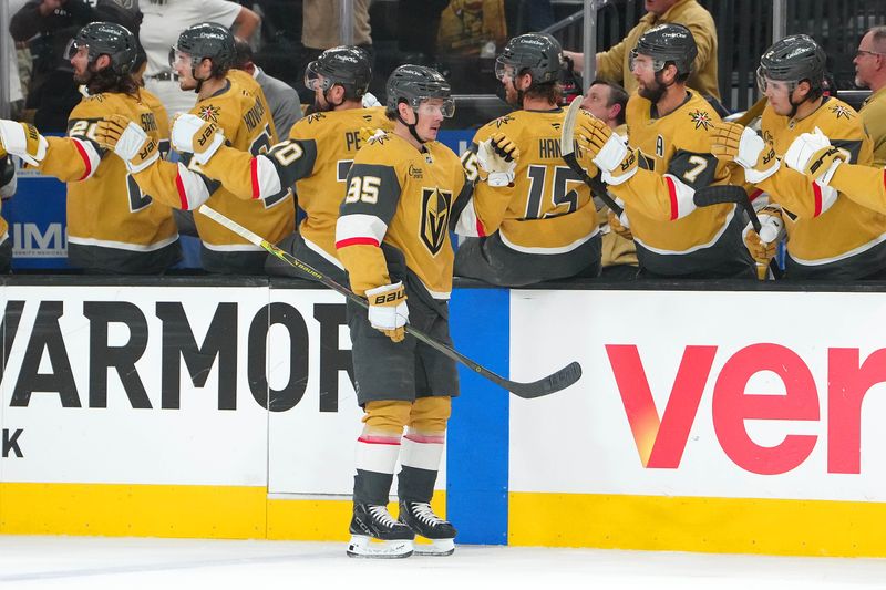 May 8, 2025; Las Vegas, Nevada, USA; Vegas Golden Knights right wing Victor Olofsson (95) celebrates after scoring a goal against the Edmonton Oilers during the first period of game two of the second round of the 2025 Stanley Cup Playoffs at T-Mobile Arena. Mandatory Credit: Stephen R. Sylvanie-Imagn Images