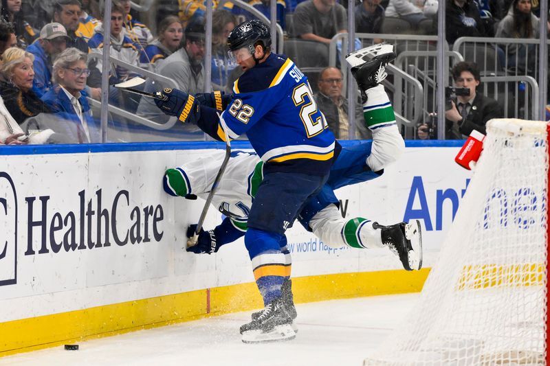Mar 20, 2025; St. Louis, Missouri, USA;  St. Louis Blues defenseman Ryan Suter (22) checks Vancouver Canucks center Pius Suter (24) during the first period at Enterprise Center. Mandatory Credit: Jeff Curry-Imagn Images