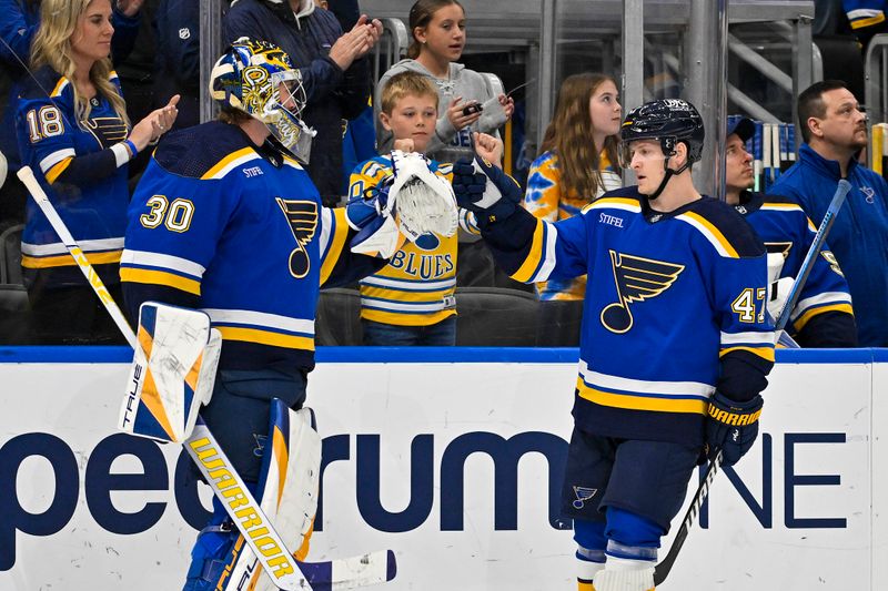 Apr 10, 2024; St. Louis, Missouri, USA;  St. Louis Blues defenseman Torey Krug (47) is congratulated by goaltender Joel Hofer (30) after scoring against the Chicago Blackhawks during the first period at Enterprise Center. Mandatory Credit: Jeff Curry-USA TODAY Sports