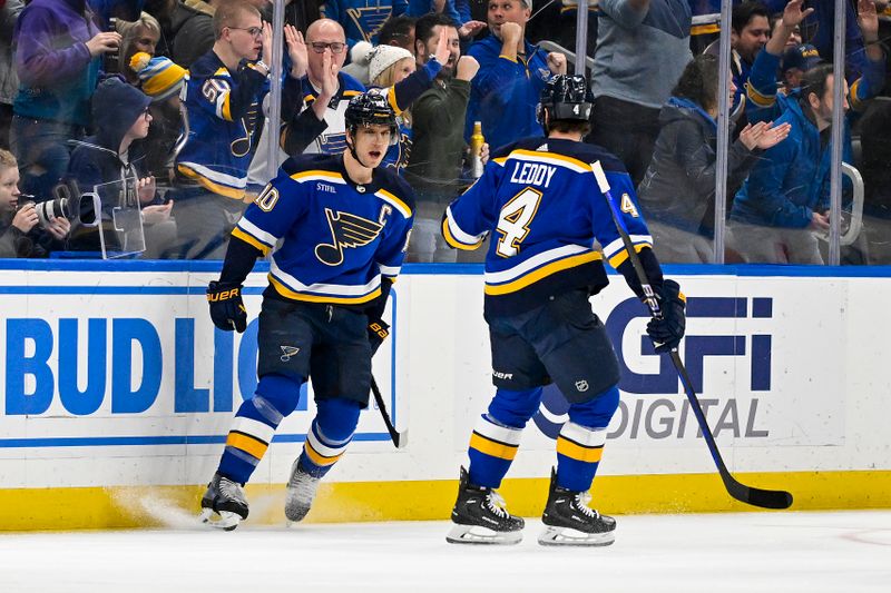 Jan 9, 2024; St. Louis, Missouri, USA;  St. Louis Blues center Brayden Schenn (10) celebrates with defenseman Nick Leddy (4) after scoring against the Florida Panthers during the first period at Enterprise Center. Mandatory Credit: Jeff Curry-USA TODAY Sports