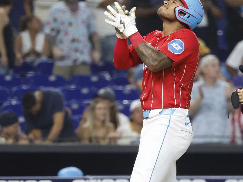 Jul 6, 2024; Miami, Florida, USA; Miami Marlins right fielder Dane Myers (54) celebrates his two run home run against the Chicago White Sox during the seventh inning at loanDepot Park. Mandatory Credit: Rhona Wise-USA TODAY Sports