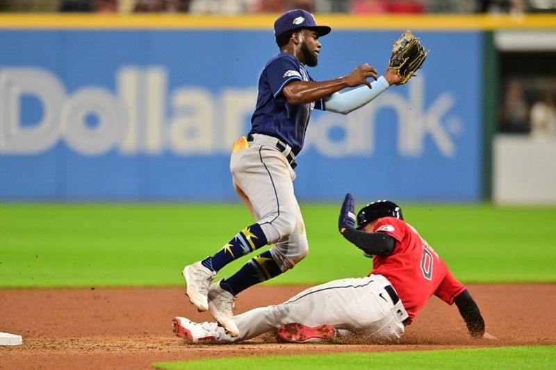 Sep 1, 2023; Cleveland, Ohio, USA; Cleveland Guardians second baseman Andres Gimenez (0) steals second as Tampa Bay Rays shortstop Osleivis Basabe (37) waits for the throw during the seventh inning at Progressive Field. Mandatory Credit: Ken Blaze-USA TODAY Sports