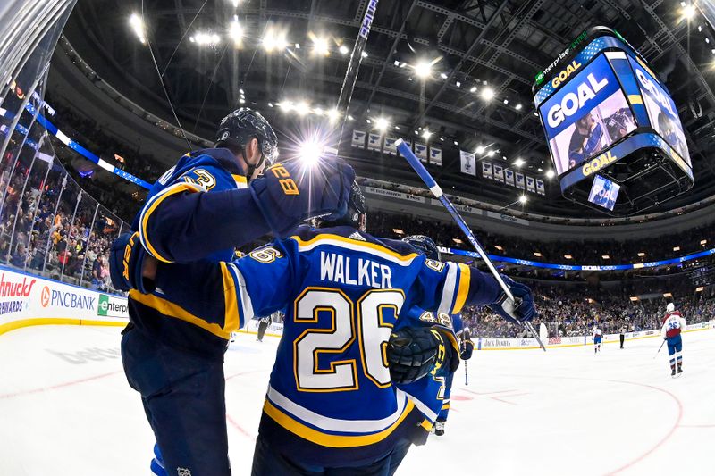 Mar 19, 2024; St. Louis, Missouri, USA;  St. Louis Blues right wing Alexey Toropchenko (13) celebrates with left wing Nathan Walker (26) after scoring against the Colorado Avalanche during the second period at Enterprise Center. Mandatory Credit: Jeff Curry-USA TODAY Sports