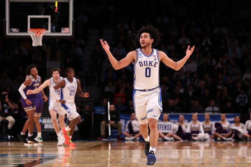 Mar 24, 2024; Brooklyn, NY, USA; Duke Blue Devils guard Jared McCain (0) reacts against the James Madison Dukes in the second round of the 2024 NCAA Tournament  at Barclays Center. Mandatory Credit: Brad Penner-USA TODAY Sports