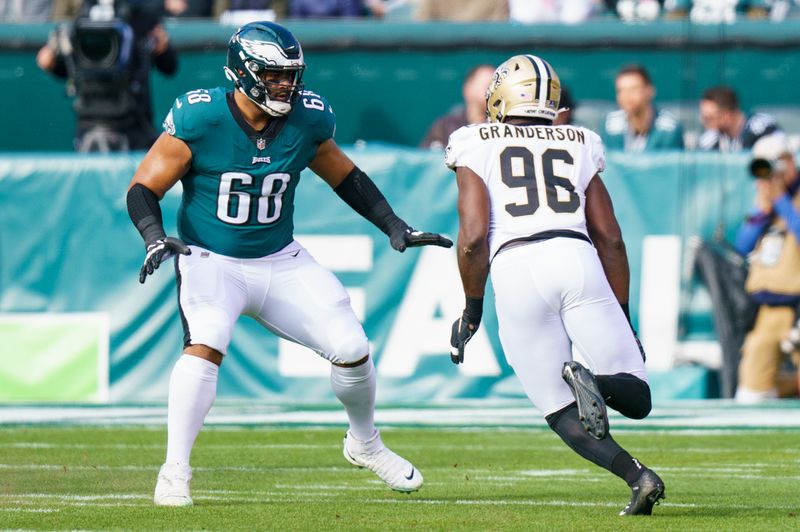 Philadelphia Eagles tackle Jordan Mailata (68) in action against New Orleans Saints defensive end Carl Granderson (96) during the NFL football game, Sunday, Jan. 1, 2023, in Philadelphia. (AP Photo/Chris Szagola)