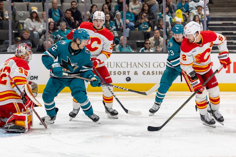 Feb 26, 2026; San Jose, California, USA; San Jose Sharks left wing William Eklund (72) controls the puck during the second period against the Calgary Flames at SAP Center at San Jose. Mandatory Credit: Bob Kupbens-Imagn Images