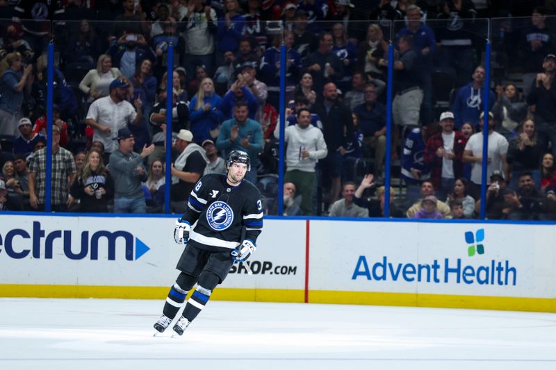 Nov 8, 2025; Tampa, Florida, USA; Tampa Bay Lightning left wing Brandon Hagel (38) reacts after scoring a goal against the Washington Capitals in the third period at Benchmark International Arena. Mandatory Credit: Nathan Ray Seebeck-Imagn Images