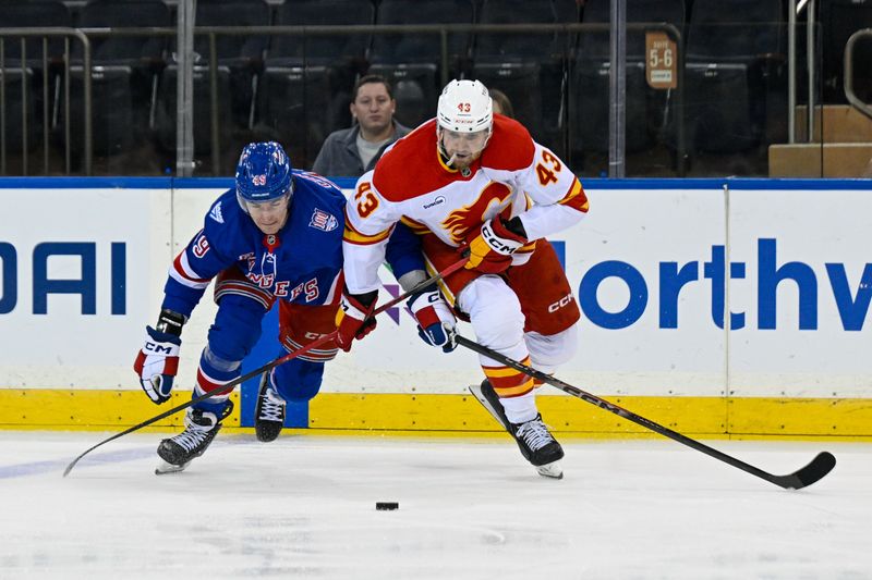 Mar 10, 2026; New York, New York, USA;  New York Rangers right wing Jaroslav Chmelar (49) and Calgary Flames right wing Adam Klapka (43) battle for the puck during the first period at Madison Square Garden. Mandatory Credit: Dennis Schneidler-Imagn Images