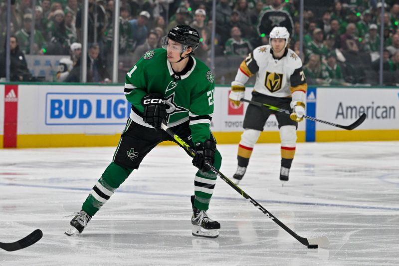 Apr 24, 2024; Dallas, Texas, USA; Dallas Stars left wing Jason Robertson (21) skates against the Vegas Golden Knights during the second period in game two of the first round of the 2024 Stanley Cup Playoffs at American Airlines Center. Mandatory Credit: Jerome Miron-USA TODAY Sports