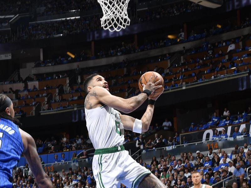 ORLANDO, FL - APRIL 27:  Jayson Tatum #0 of the Boston Celtics drives to the basket during the game against the Orlando Magic  during Round 1 Game 4 of the 2025 NBA Playoffs on April 27, 2025 at Kia Center in Orlando, Florida. NOTE TO USER: User expressly acknowledges and agrees that, by downloading and or using this photograph, User is consenting to the terms and conditions of the Getty Images License Agreement. Mandatory Copyright Notice: Copyright 2025 NBAE (Photo by Gary Bassing/NBAE via Getty Images)