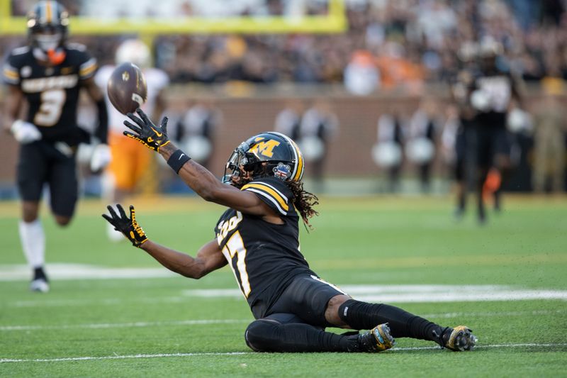 Nov 11, 2023; Columbia, Missouri, USA; Missouri Tigers wide receiver Marquis Johnson (17) slides to catch a pass at Faurot Field at Memorial Stadium. Mandatory Credit: Kylie Graham-USA TODAY Sports