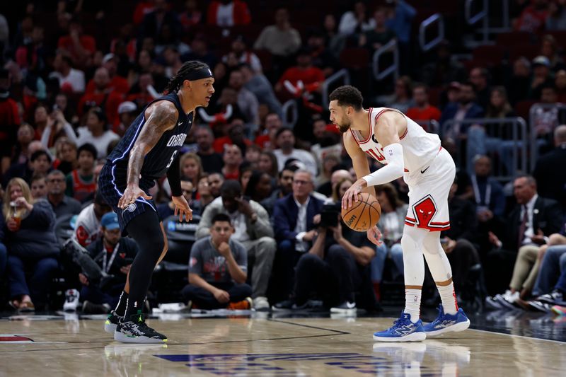 CHICAGO, IL - OCTOBER 30: Zach LaVine #8 of the Chicago Bulls dribbles the ball during the game against the Orlando Magic on October 30, 2024 at United Center in Chicago, Illinois. NOTE TO USER: User expressly acknowledges and agrees that, by downloading and or using this photograph, User is consenting to the terms and conditions of the Getty Images License Agreement. Mandatory Copyright Notice: Copyright 2024 NBAE (Photo by Kamil Krzaczynski/NBAE via Getty Images)