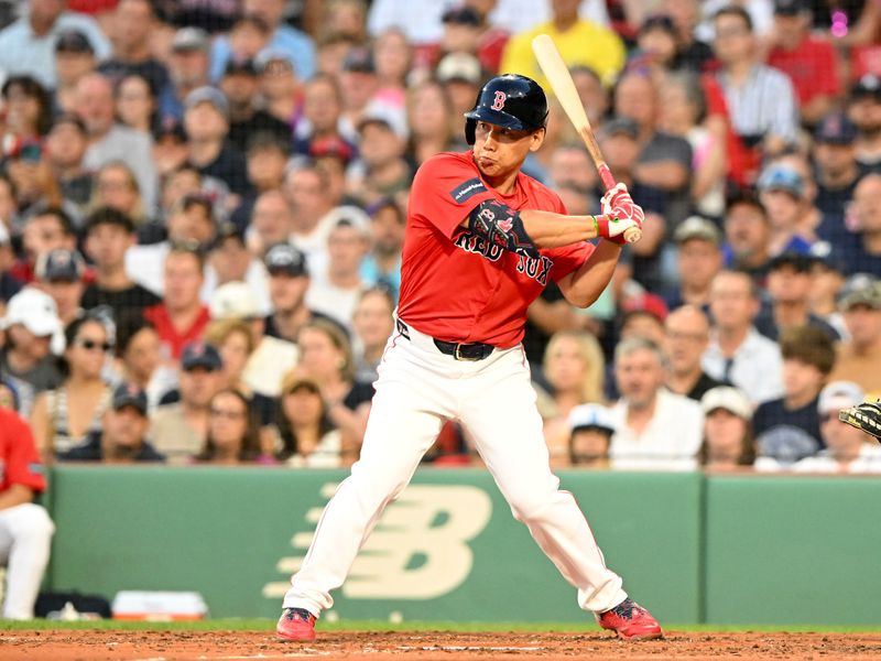 Jul 26, 2024; Boston, Massachusetts, USA; Boston Red Sox outfielder Masataka Yoshida (7) bats against the New York Yankees during the third inning at Fenway Park. Mandatory Credit: Brian Fluharty-USA TODAY Sports