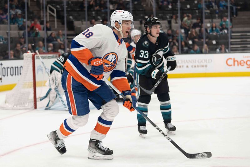 Mar 7, 2024; San Jose, California, USA; New York Islanders left wing Pierre Engvall (18) reacts during the third period against the San Jose Sharks at SAP Center at San Jose. Mandatory Credit: Stan Szeto-USA TODAY Sports