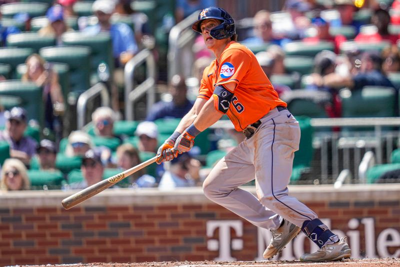 Apr 23, 2023; Cumberland, Georgia, USA; Houston Astros center fielder Jake Meyers (6) hits a ground rule double against the Atlanta Braves during the sixth inning at Truist Park. Mandatory Credit: Dale Zanine-USA TODAY Sports