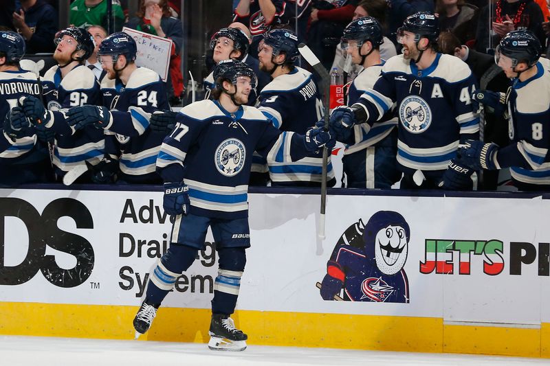 Apr 6, 2024; Columbus, Ohio, USA; Columbus Blue Jackets defenseman Nick Blankenburg (77) celebrates his goal against the Philadelphia Flyers during the second period at Nationwide Arena. Mandatory Credit: Russell LaBounty-USA TODAY Sports