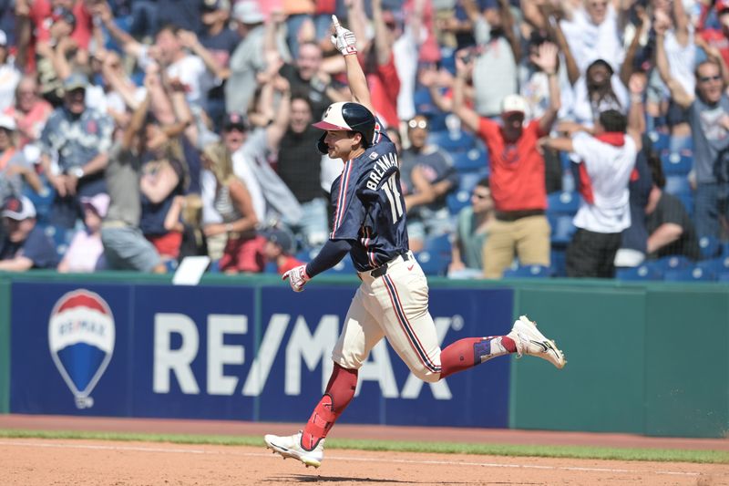 May 19, 2024; Cleveland, Ohio, USA; Cleveland Guardians left fielder Will Brennan (17) celebrates after hitting a walk off three run home run during the ninth inning against the Minnesota Twins at Progressive Field. Mandatory Credit: Ken Blaze-USA TODAY Sports