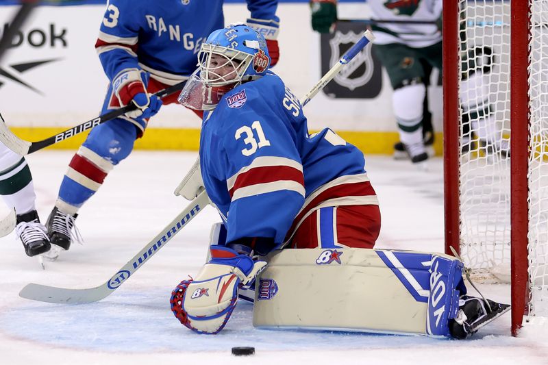 Oct 20, 2025; New York, New York, USA; New York Rangers goaltender Igor Shesterkin (31) makes a save against the Minnesota Wild during the first period at Madison Square Garden. Mandatory Credit: Brad Penner-Imagn Images