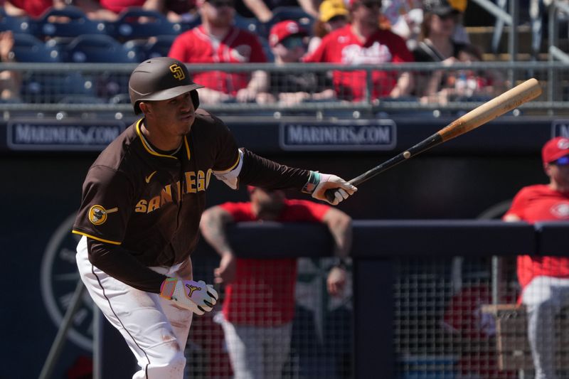 Mar 22, 2025; Peoria, Arizona, USA; San Diego Padres third base Manny Machado (13) hits against the Cincinnati Reds in the fourth inning at Peoria Sports Complex. Mandatory Credit: Rick Scuteri-Imagn Images