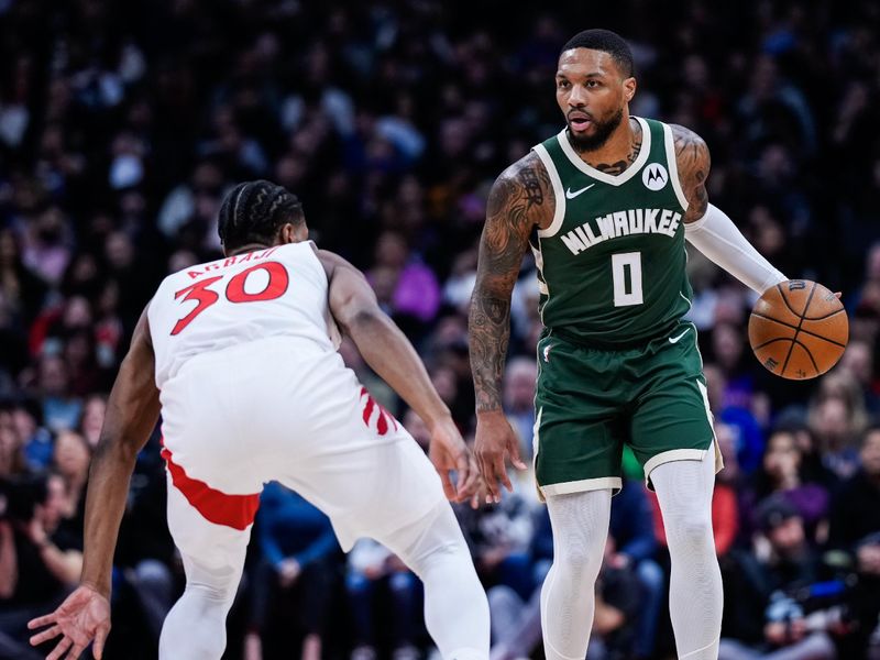 TORONTO, ON - JANUARY 6: Damian Lillard #0 of the Milwaukee Bucks moves the ball against Ochai Agbaji #30 of the Toronto Raptors at the Scotiabank Arena on January 6, 2025 in Toronto, Ontario, Canada. NOTE TO USER: User expressly acknowledges and agrees that, by downloading and/or using this Photograph, user is consenting to the terms and conditions of the Getty Images License Agreement. (Photo by Kevin Sousa/Getty Images)