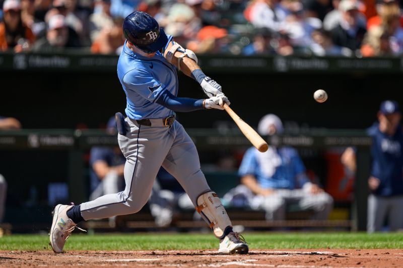 Sep 8, 2024; Baltimore, Maryland, USA; Tampa Bay Rays outfielder Jonny DeLuca (21) hits a home run during the sixth inning against the Baltimore Orioles at Oriole Park at Camden Yards. Mandatory Credit: Reggie Hildred-Imagn Images