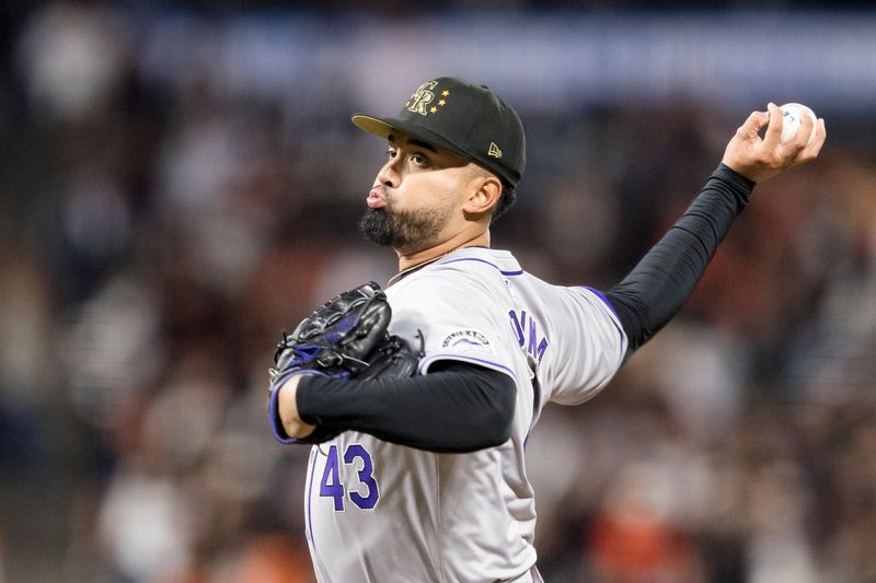 May 17, 2024; San Francisco, California, USA; Colorado Rockies pitcher Anthony Molina (43) throws against the San Francisco Giants  during the eighth inning at Oracle Park. Mandatory Credit: John Hefti-USA TODAY Sports