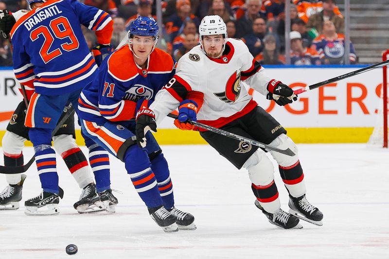 Jan 6, 2024; Edmonton, Alberta, CAN; Edmonton Oilers forward Ryan McLeod (71) and Ottawa Senators forward Drake Batherson (19) chase a loose puck during the second period at Rogers Place. Mandatory Credit: Perry Nelson-USA TODAY Sports