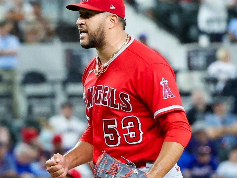 Aug 16, 2023; Arlington, Texas, USA;  Los Angeles Angels relief pitcher Carlos Estevez (53) reacts after the game against the Texas Rangers at Globe Life Field. Mandatory Credit: Kevin Jairaj-USA TODAY Sports