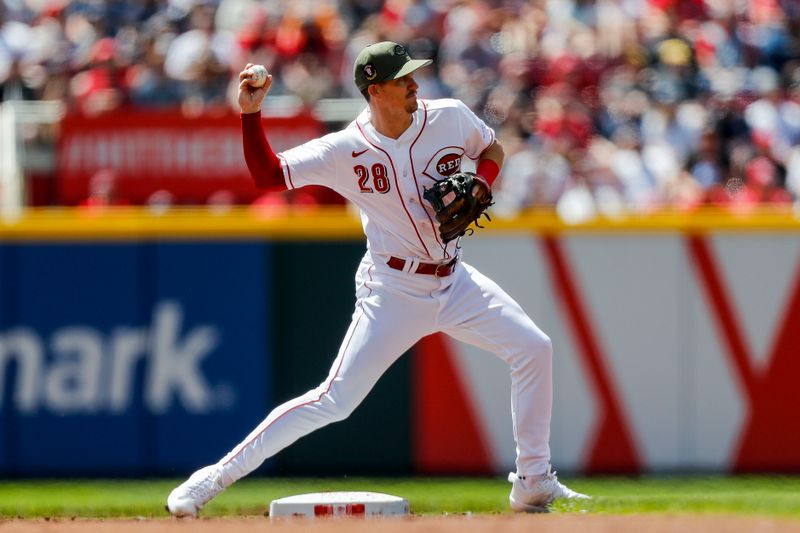 May 21, 2023; Cincinnati, Ohio, USA; Cincinnati Reds second baseman Kevin Newman (28) throws to first to New York Yankees center fielder Harrison Bader (not pictured) out to complete the double play in the second inning at Great American Ball Park. Mandatory Credit: Katie Stratman-USA TODAY Sports