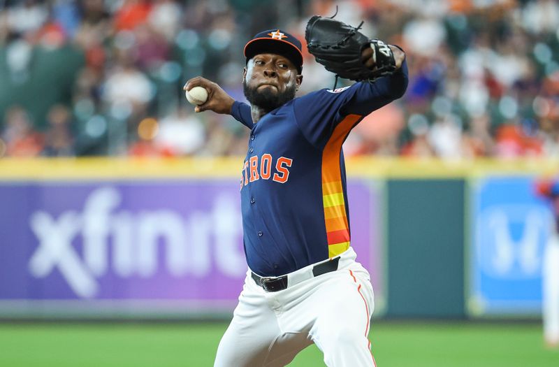 Apr 14, 2024; Houston, Texas, USA; Houston Astros pitcher Cristian Javier (53) delivers a pitch during the first inning against the Texas Rangers at Minute Maid Park. Mandatory Credit: Troy Taormina-USA TODAY Sports