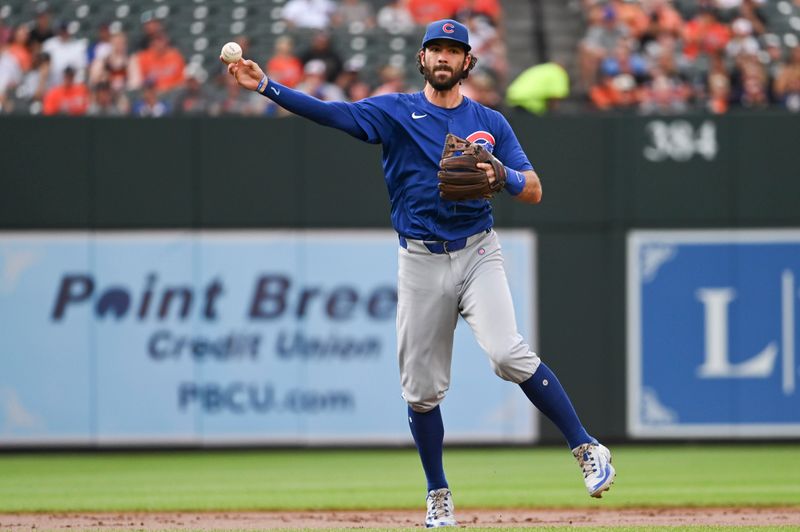 Jul 11, 2024; Baltimore, Maryland, USA;  Chicago Cubs shortstop Dansby Swanson (7) thwows to first base during the first inning against the Baltimore Orioles at Oriole Park at Camden Yards. Mandatory Credit: Tommy Gilligan-USA TODAY Sports