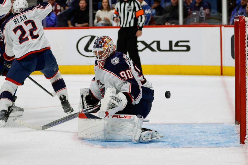 Mar 22, 2024; Denver, Colorado, USA; Columbus Blue Jackets goaltender Elvis Merzlikins (90) is unable to make a save in the second period against the Colorado Avalanche at Ball Arena. Mandatory Credit: Isaiah J. Downing-USA TODAY Sports