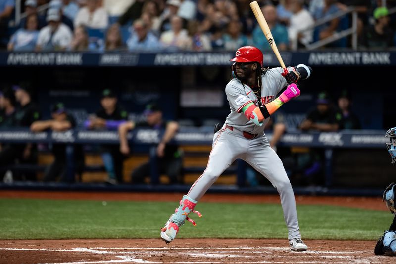 Jul 27, 2024; St. Petersburg, Florida, USA; Cincinnati Reds shortstop Elly De La Cruz (44) winds up against the Tampa Bay Rays during the fourth inning at Tropicana Field. Mandatory Credit: Matt Pendleton-USA TODAY Sports