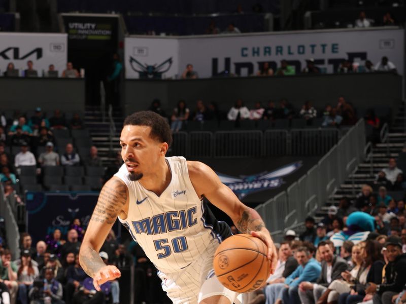 CHARLOTTE, NC - MARCH 5: Cole Anthony #50 of the Orlando Magic drives to the basket during the game against the Charlotte Hornets on March 5, 2024 at Spectrum Center in Charlotte, North Carolina. NOTE TO USER: User expressly acknowledges and agrees that, by downloading and or using this photograph, User is consenting to the terms and conditions of the Getty Images License Agreement. Mandatory Copyright Notice: Copyright 2024 NBAE (Photo by Kent Smith/NBAE via Getty Images)