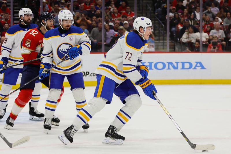 Apr 13, 2024; Sunrise, Florida, USA; Buffalo Sabres center Tage Thompson (72) moves the puck against the Florida Panthers during the second period at Amerant Bank Arena. Mandatory Credit: Sam Navarro-USA TODAY Sports