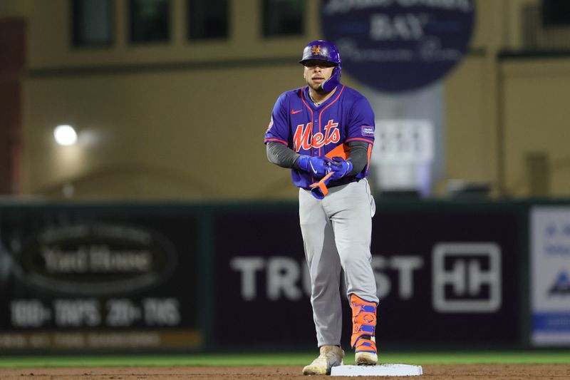 Mar 8, 2024; Jupiter, Florida, USA; New York Mets catcher Francisco Alvarez (4) looks on from second base after hitting a double against the Miami Marlins during the second inning at Roger Dean Chevrolet Stadium. Mandatory Credit: Sam Navarro-USA TODAY Sports